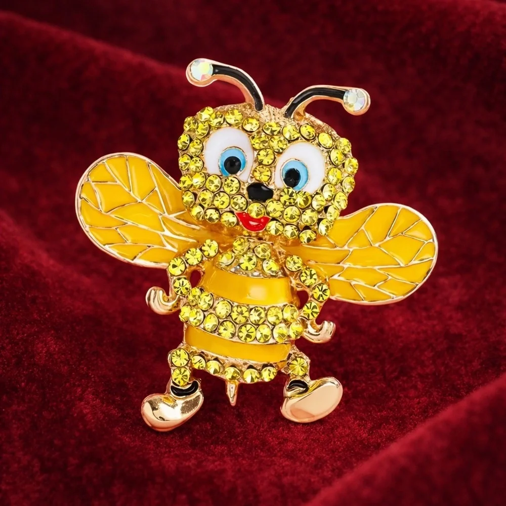 Cute Bumble Bee Brooch – Rhinestone Gold Statement Jewelry - Picture 3 of 8